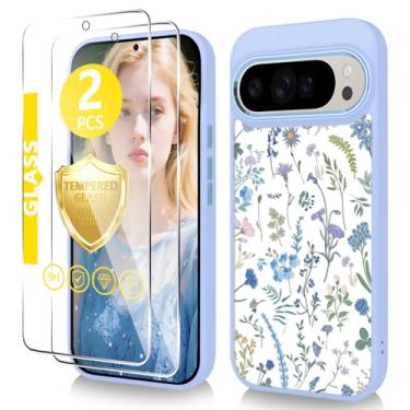 Imagem de Govmeie Capa para Google Pixel 9 Pro XL com protetor de tela de vidro temperado fino TPU e capa de telefone de policarbonato rígido, design de padrão floral cristalino para meninas mulheres - lírio