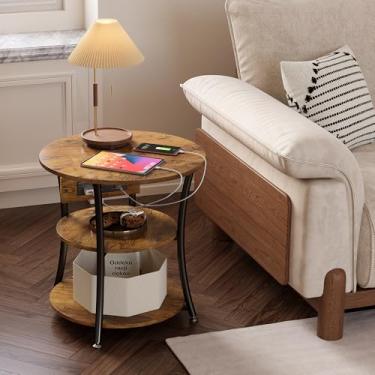 Imagem de RHYVON Mesa lateral com estação de carregamento, mesa de cabeceira com portas USB e tomada, mesas de canto de 3 andares, sala de estar, quarto, cantos e escritório (marrom rústico + tinta preta)