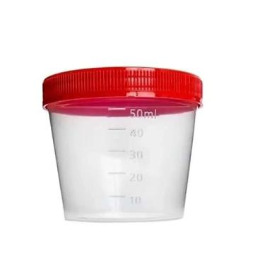 Imagem de Coletor de Urina Estéril, 50ml, Tampa Vermelha, Frasco Graduado com Rosca, Sem Pá - Pacote com 100 Unidades