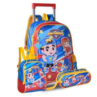 Imagem de Kit Mochila Rodas Escolar Lancheira Os Aventureiros Estojo, Azul