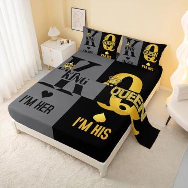 Imagem de AILONEN Conjunto de lençol King para ele e ela, 4 peças, cinza, preto, K e Q, estampa de coroa, lençol casal amor/com 2 fronhas