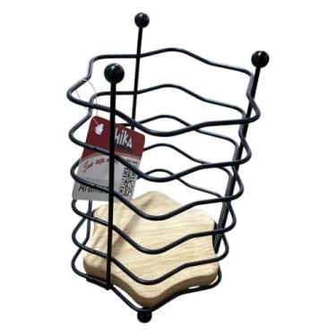 Imagem de Suporte para Talheres Ecowood, Aramado, Preto com Base em Madeira Natural, 11 cm Diâmetro x 15,5 cm Altura, Aço e Madeira, 187g