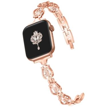 Imagem de Maledan Pulseiras femininas para Apple Watch Series 11/10/9/8/7/6/5/4/3/2/SE/Ultra, pulseira fina de metal com diamante rosa brilhante de 38 mm, 40 mm, 41 mm, 42 mm, 45 mm e 46 mm, ouro rosa