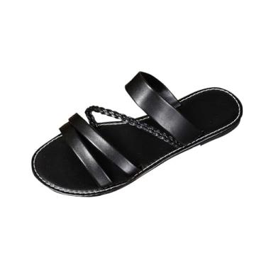 Imagem de Sandálias femininas modernas, casuais, versáteis, cor sólida, fivela, férias, verão, atraente, requintado, bico aberto, praia, rasteiras, chinelos femininos, material de poliuretano, Preto, 38