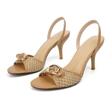 Imagem de Vertundy Sapatos femininos de salto gatinho com salto quadrado aberto e bico aberto Fahion, Raffia, 37