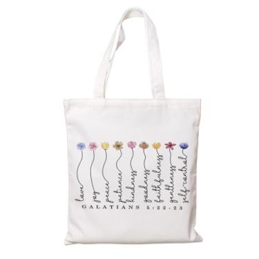 Imagem de Bolsa de lona floral cristã, bolsa de lona estética, bolsa de ombro de algodão, bolsas de algodão bíblicas inspiradoras para suprimentos de compras, presentes de fé para mulheres cristãs (A013)