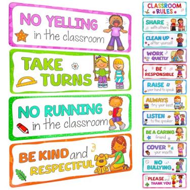 Imagem de 16 peças de cartões de regras de sala de aula, distanciamento social interativo de classe, títulos de assunto para quadro de avisos headliners, decoração de sala de aula, cartões cognitivos sociais