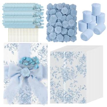 Imagem de Conjunto de 50 kits de convite de casamento, jaquetas de veludo azul pré-dobradas para convites de 5 × 7 com adesivos de lacre de cera, fita e flores secas, acessórios elegantes de convite de