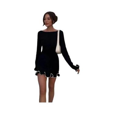 Imagem de Vestido Mini Bodycon Elegante Com Decote O, Manga Longa, Ruffles E Pat