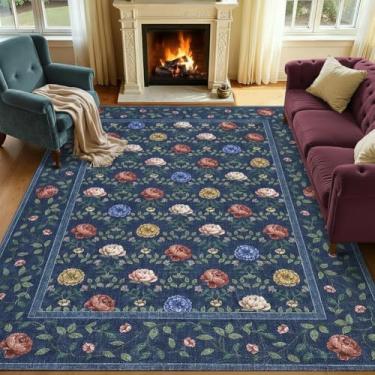 Imagem de GarveeHome Tapete de área lavável azul marinho Boho para sala de estar, tapete floral vintage, antiderrapante, resistente a manchas, estampa botânica, macio, para quarto, sala de jantar, berçário