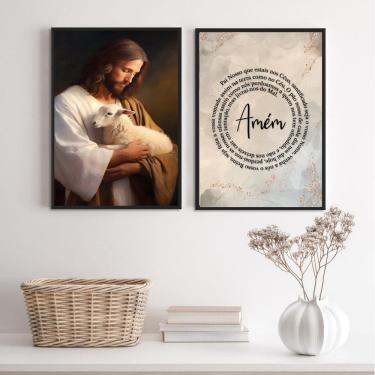 Imagem de Kit 2 Quadros Jesus Com Ovelha - Pai Nosso 33X24Cm