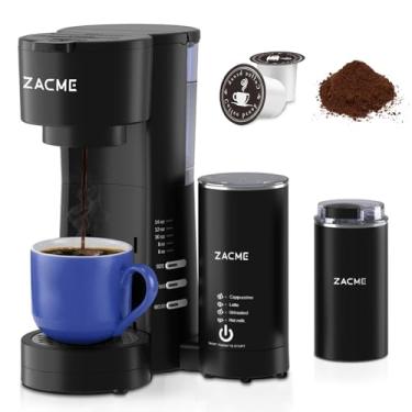 Imagem de ZACME Cafeteira de dose única 4 em 1 para copo K e moído, pequena máquina de café com espumador e moedor de leite, tamanho 5, tanque de água de 800 ml, bandeja coletora ajustável