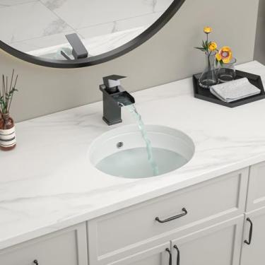 Imagem de Lofeyo Pia de banheiro redonda Undermont - Pia de banheiro pequena oval de 38 cm x 33 cm de porcelana branca sob o balcão