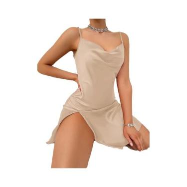 Imagem de Camisola Feminina Elegante De Cetim Liso Com Decote Em V, Costas Abert