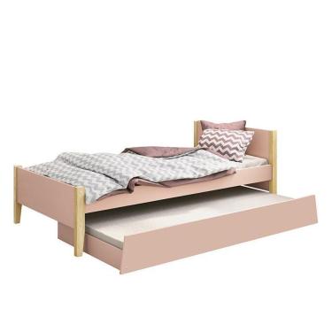 Imagem de Bicama Solteiro Simba Rosa Fosco Com Pés Madeira Natural E Colchões D20 E D33 - Reller Móveis Rosa Fosco