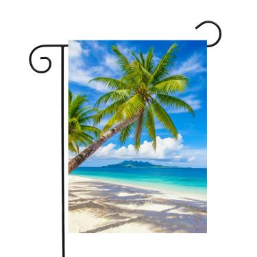 Imagem de ShineSnow Bandeira de jardim com paisagem azul e palmeiras de verão, oceano e praia tropicais, 30,48 cm x 45,72 cm, banner de bandeira de casa de boas-vindas de poliéster de dupla face para decoração de casa para pátio, gramado e casa ao ar livre