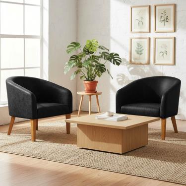 Imagem de Poltrona Sala Decorativa Kit 2 Stella Pé Madeira Trapézio Castanho Sintético PU Preto D03 - D'Rossi