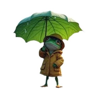Imagem de Decoração De Jardim Sapo Com Capa De Chuva Amarela E Guarda-Chuva Verd