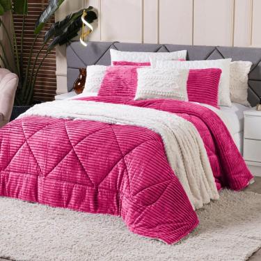 Imagem de Kit Coberdrom Cobertor Queen Canelado Denver Dupla Face Com Fronhas 03 Peças - Manta Microfibra Canelada Cor Pink