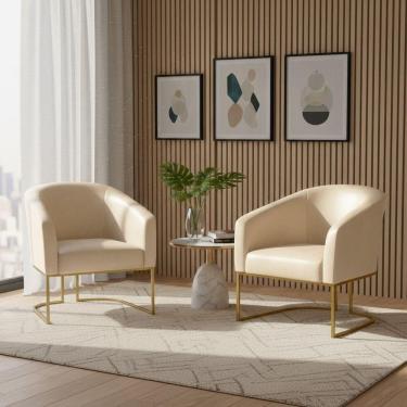 Imagem de Poltrona Sala Decorativa Kit 2 Stella Base Industrial Sintético Pu Bege D03 D`Rossi
