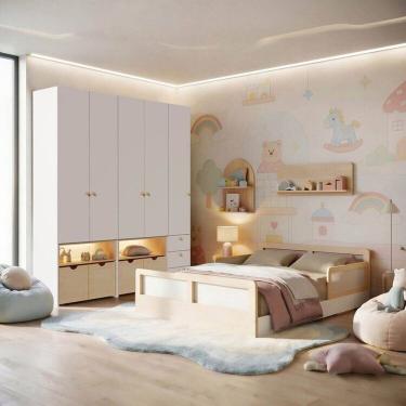 Imagem de Guarda-roupa Modulado Wave e Cama Casal Lift Casatema MadeiraOriginals Branco/Natural