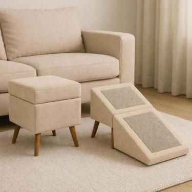 Imagem de Rampa Escada Vira Puff GG Móvel Suede Para Pets Cachorro Gato Cor:Bege