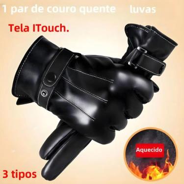 Imagem de Luvas Masculinas de Inverno Quentes - Couro PU, Tela Touch e Dedos Int