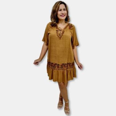 Imagem de Vestido Curto Indiano Manga Curta com Bordados Plus Size - Sarat Moda 