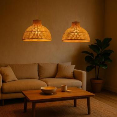 Imagem de Luminaria Pendente Bambu Artesanal Teto Cozinha Madeira Jacarta 40cm -