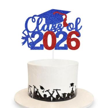 Imagem de Topo de bolo DUIILHOS Formatura 2026 azul e vermelho com glitter