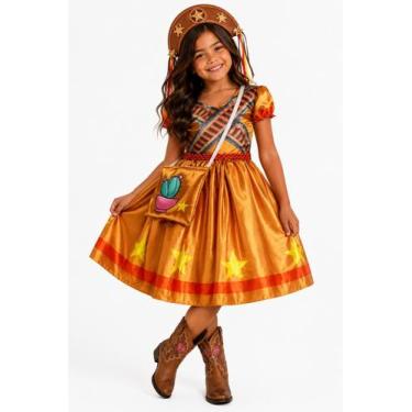 Imagem de Vestido Feminino Infantil Festa Junina Maria Bonita + Bolsa e Tiara - 