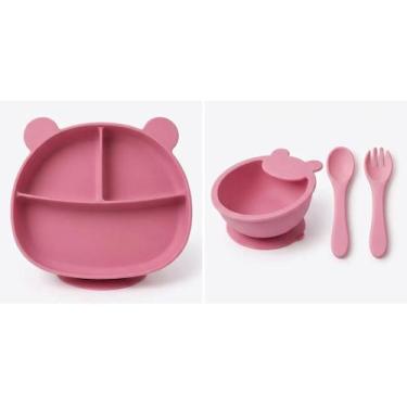 Imagem de Kit Alimentação Silicone Prato + Tigela + Talheres Baby Cor:Rosa - Art