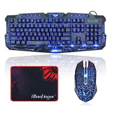 Imagem de BlueFinger Gaming Teclado e Mouse, USB com luz de fundo para jogos, mouse e teclado, letras, brilho, retroiluminação de 3 cores, teclado de iluminação e conjunto de mouse para jogos e trabalho