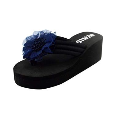 Imagem de Chinelos femininos sapatos anabela sandálias chinelos casa flip senhoras verão flor praia chinelos para meninas tamanho 5, Azul marino, 6.5