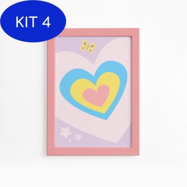 Imagem de Kit 4 Quadro Infantil Coração 22X32 Moldura Rosa - Quartinhos