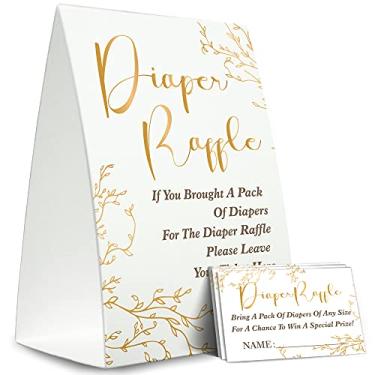Imagem de Placa de rifle de fraldas, kit de jogo de chá de bebê de rifle de fraldas (1 placa em pé + 50 cartas de adivinhação), bilhete de inserção dourada, decorações de chás de bebê, cartão para jogo de chá de bebê para trazer um pacote de fraldas-XN29