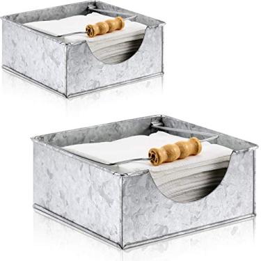 Imagem de Porta-guardanapos de fazenda com 2 peças com alças de madeira Suporte de guardanapo quadrado plano de metal prata Bandeja decorativa com detalhe de madeira rústica para mesas de cozinha, restaurantes de jantar interno ou externo
