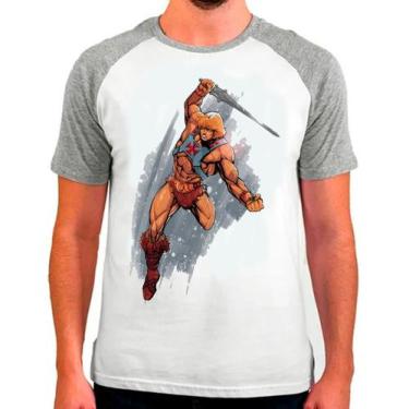 Imagem de Camiseta Raglan Desenho He-Man Cinza Branca Masculina16 - Design Camis