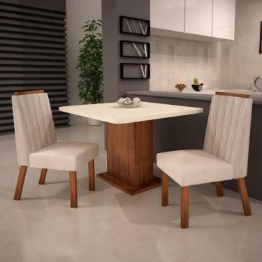 Conjunto Sala de Jantar Completa Mesa Tampo MDF Com Vidro 4 Cadeiras  Amêndoa e Off White Madri Bom Pastor