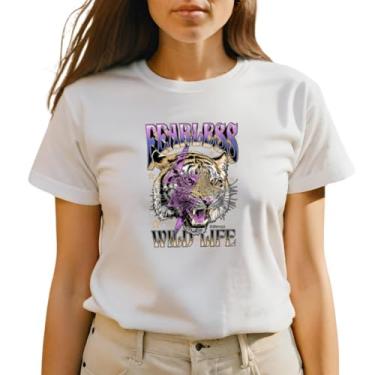 Imagem de Camiseta Feminina T-shirts Blusinhas Tigre Raio Roxo Camisa Onça Plus Size GuGi CF01-006 (Branco, M)