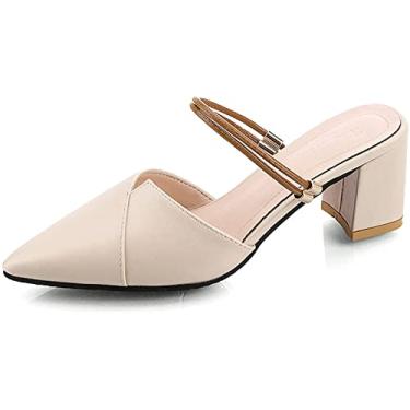 Imagem de Sandálias femininas de couro PU bico fino salto bloco mules clássico elegante Mary Janes Slide sapatos, Bege, 34