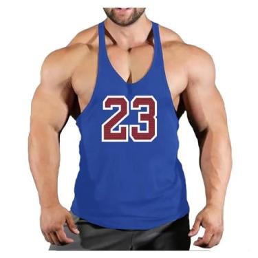 Imagem de Camiseta regata masculina gola redonda cor sólida costas nadador número impresso emagrecedor camiseta muscular, Azul, M