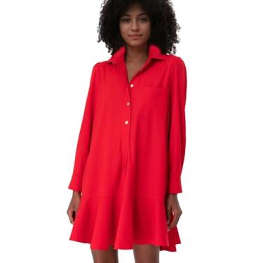 Imagem de Yioaga Vestido túnica mini camisa feminina abotoado manga longa Chambray Callahan vestido casual rodado, Vermelho, GG