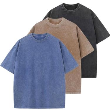 Imagem de Camisetas masculinas de algodão grandes folgadas vintage lavadas unissex manga curta camisetas casuais, Preto + areia + azul, G