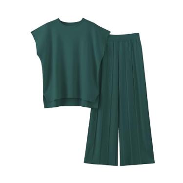 Imagem de TIQOJE Conjunto feminino de duas peças de tricô suéter suéter colete calça de cintura alta conjunto de moletom, Verde escuro, Small