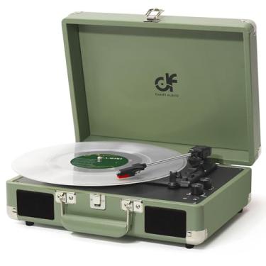 Imagem de Toca-discos de vinil portátil de 3 velocidades com controle de agudos e graves, alto-falantes embutidos, conector de fone de ouvido de 3,5 mm, saída RCA/entrada auxiliar, toca-discos vintage, verde