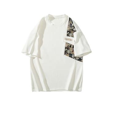 Imagem de GMOYD Camiseta masculina estampada gola redonda manga curta bordada patchwork tops, 24t184 branco, GG
