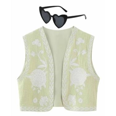 Imagem de Colete bordado feminino vintage bordado floral colete aberto frente blusa cortada colete (Color : N, Size : X-Small)
