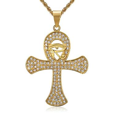 Imagem de NEGS Colar de aço inoxidável com pingente de cruz Ankh egípcia, olho de Hórus, zircônia cúbica para homens, corrente de 61 cm, joia de presente, Aço inoxidável, Zircônia cúbica