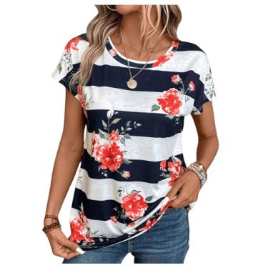 Imagem de SOLY HUX Camiseta feminina com estampa floral, listrada, manga curta, gola redonda, verão, Floral multicolorido, G